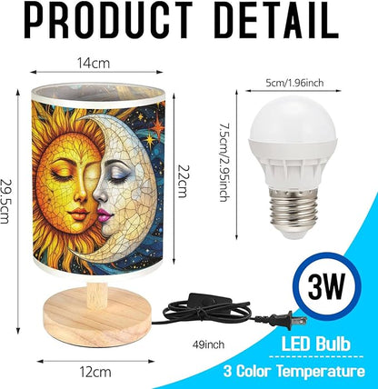 Sun and Moon Table Lamp LED 3-Color Pressed Bedside, Sun and Moon Shade Lamp with Wood Base for Bedroom Living Room Desk Office TL01