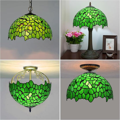 Tiffany Style Lamp Shade, 12 Inch Green Leaves Stained Glass Lamp Shade Replacement Creativity Lamp Cover Accessories Fit for Table Lamp Pendant Light Ceiling Light