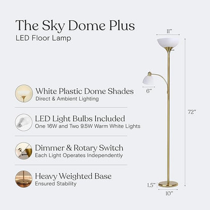 Brightech Sky Dome Plus LED Floor lamp, Torchiere Super Bright Floor Lamp with Reading Lamp for Living Rooms & Offices - Dimmable Tall Standing Lamp for Bedroom Reading - Gold Brass