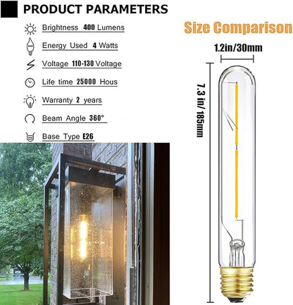 Leools Vintage T9 LED Tube Light Bulbs 40W Equivalent, 2700K Warm White, 400 Lumens, Dimmable Edison Tubular Light Bulbs 4W, Clear Glass, LED Filament Bulb,E26 Standard,4 Pack