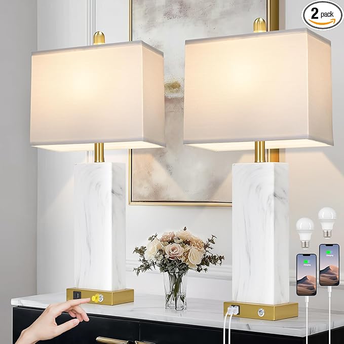 28.5" White Ceramic Lamps Set of 2, 3-Way Touch Control Bedside Table Lamp with USB C+A Ports, Modern Square Lamps for Living Room, Tall Bedroom Lamp for Night stand Side End Table Home Decor