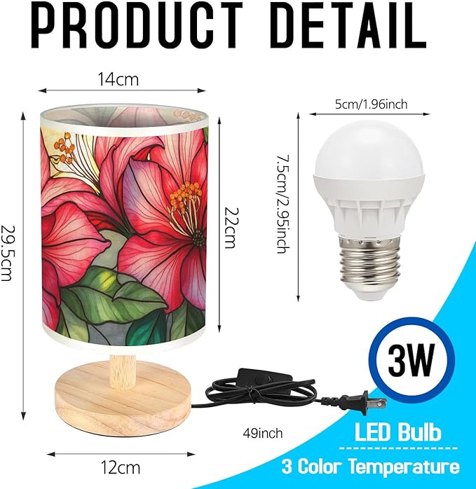Azalea Table Lamp LED 3-Color Pressed Bedside, Azalea Shade Lamp with Wood Base for Bedroom Living Room Desk Office