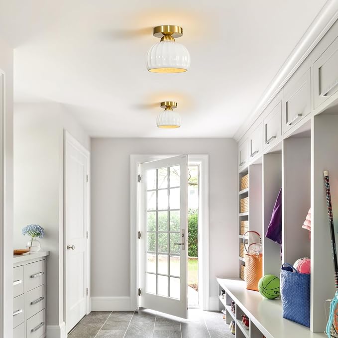 Glaze Ceramic Semi Flush Mount Ceiling Light - 2 Pack, Vintage Gold Hallway Light Fixtures, Milk White Globe Ceiling Lights, Mid Century Small Light Fixture for Cottage Entryway Laundry Room Foyer