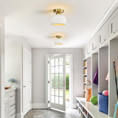 Glaze Ceramic Semi Flush Mount Ceiling Light - 2 Pack, Vintage Gold Hallway Light Fixtures, Milk White Globe Ceiling Lights, Mid Century Small Light Fixture for Cottage Entryway Laundry Room Foyer