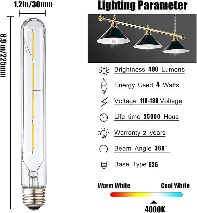 XININSUN T10 Led Bulb,8.9 Inch Long Tubular Led Light Bulbs,40Watt Equivalent, 400lm,E26 4W led t10 Bulb,LED Filament Light Bulb,Dimmable Long Light Bulbs,Clear Glass,4 Pack.(Daylight 4000K)