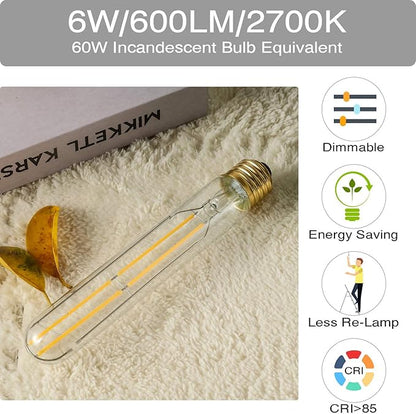 7.3Inch T10 Led Bulb 6W Dimmable Light Bulbs E26 Tubular Bulbs 60 Watt Warm White 2700K E26 Edison AC120V 600lm Tube T9 T10 for Rustic Pendant,Chandeliers,Wall sconces, 6-Pack