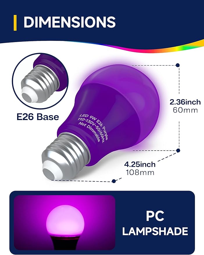 UNILAMP A19 Purple Light Bulb, 9W Equivalent 60Watt, Purple LED Bulb, LED Orange Colored Light Bulbs, E26 Base for Christmas Halloween, Party Decoration, Holiday Lighting, Non Dimmable, 4 Pack