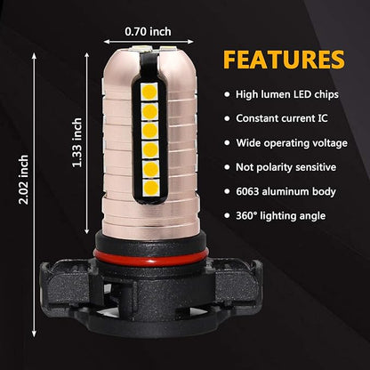 PHINLION 2504 LED Fog Light Bulbs, 3000 Lumens Super Bright 12276 PSX24W Golden Yellow Fog Lights Replacement for Cars, Non-polarity, Pack of 2