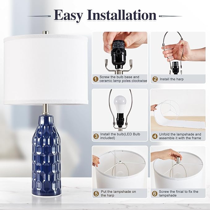 Luvkczc 24.8" Ceramic Table Lamps Set of 2 for Nightstand -Color Temperature&Bulbs Included, Bedside Lamps for Living Room Bedroom Home Office Table Decor, Navy Blue