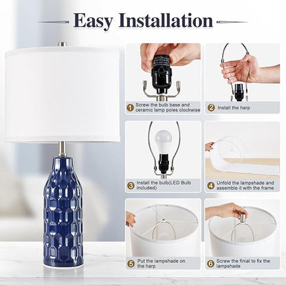 Luvkczc 24.8" Ceramic Table Lamps Set of 2 for Nightstand -Color Temperature&Bulbs Included, Bedside Lamps for Living Room Bedroom Home Office Table Decor, Navy Blue