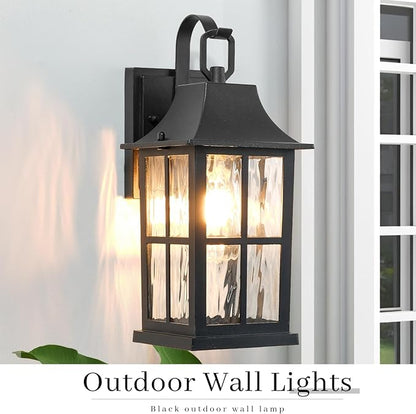 Outdoor Light Fixture, IP44 Waterproof Rustproof Porch Light，Aluminum & Water Pattern Glass Exterior Sconce，13-inch Black Outdoor Sconce Lights for Front Door, Garage, Patio (ETL-Certified)