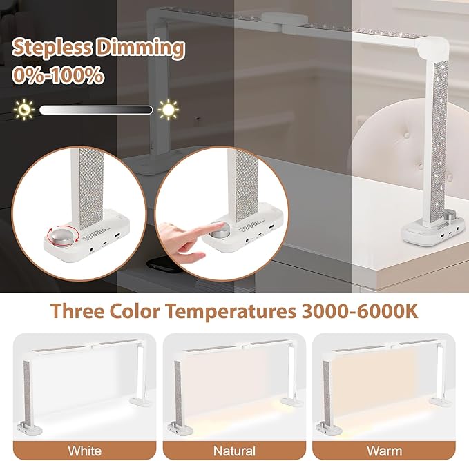 FAHKNS Large Half-Moon Light for Nail Desk, 34IN Foldable LED Lamp with Phone Holder, 3000-6000K Color Temperature, Stepless Brightness Adjustment, Nail Art, Tattooing, White with Diamonds