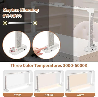 FAHKNS Large Half-Moon Light for Nail Desk, 34IN Foldable LED Lamp with Phone Holder, 3000-6000K Color Temperature, Stepless Brightness Adjustment, Nail Art, Tattooing, White with Diamonds
