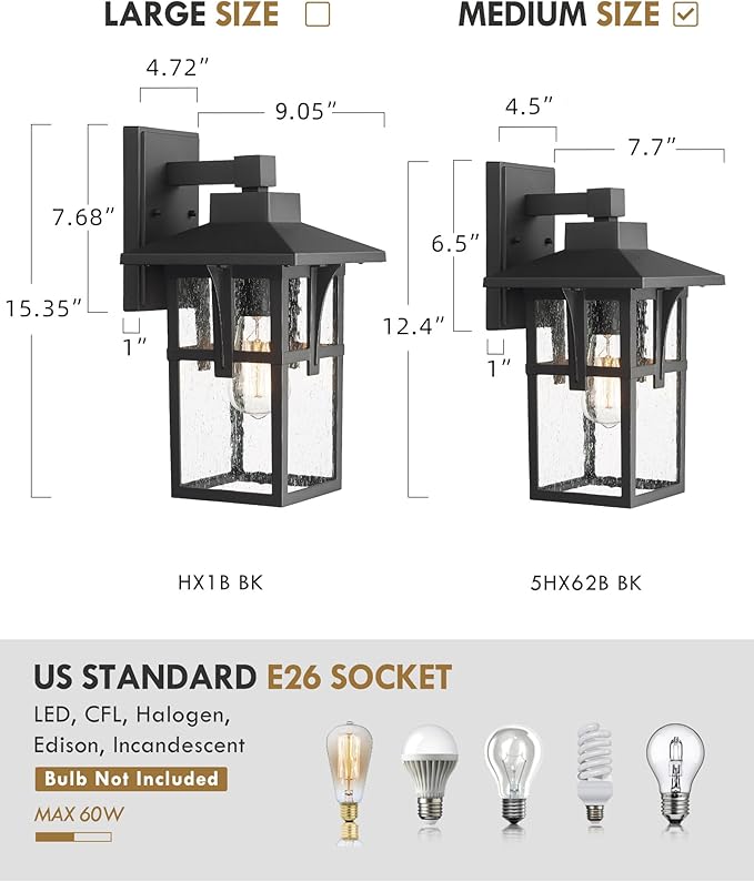 Outdoor Light Fixture, HWH Large Outdoor Wall Lantern, 1-Light Exterior Wall Mount Light with Seeded Glass, Matte Black Finish, 15" Height, HX1B BK (Large)