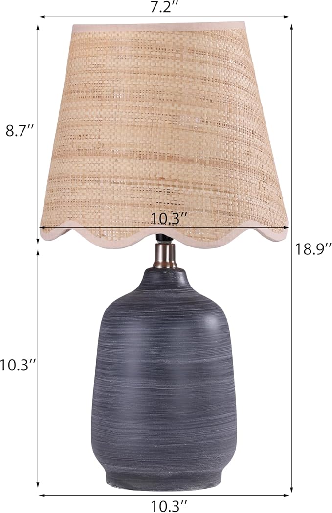 19" Boho Ceramic Table Lamp Set of 2, Handmade Ceramic Base with Rattan Shade, Farmhouse Plug-in Bedside Nightstand Lamps for Bedroom, Living Room, E26 Socket, Black with White Striped