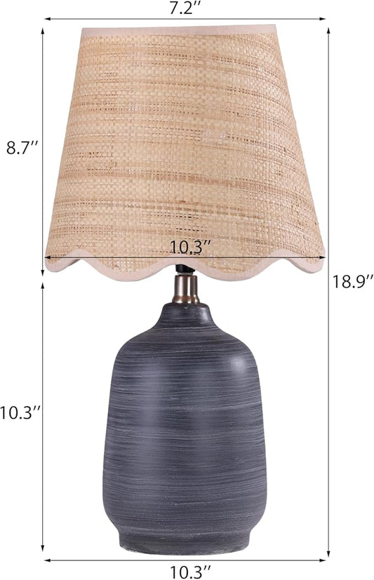 19" Boho Ceramic Table Lamp Set of 2, Handmade Ceramic Base with Rattan Shade, Farmhouse Plug-in Bedside Nightstand Lamps for Bedroom, Living Room, E26 Socket, Black with White Striped