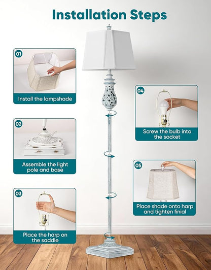 64'' Vintage Floor Lamp with Nightlight, Rustic Farmhouse Tall Standing Lamp with Rotary Switch and White Linen Shade for Living Room, Corner, Bedroom, House Decor, Wash Blue (Bulb Included)
