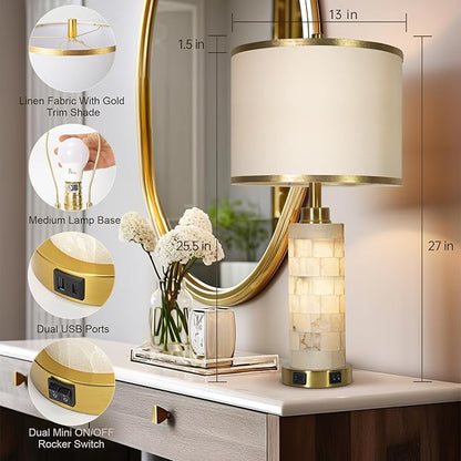 27" Natural Alabaster Table Lamps Set of 2, Lamps for Living Room Bedroom,Bedside Lamps with Night Light,Nightstand Lamp with USB A+C Ports,Modern Table Lamp with Linen Shade (Bulbs Included)