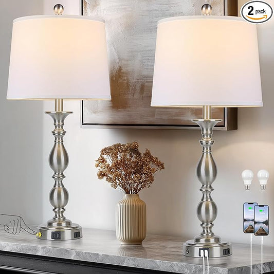 28" Tall Modern Table Lamps Set of 2 with USB A+C Ports and AC Outlet, 3 Way Touch Metal Bedside Lamps for Bedroom, Silver Farmhouse Nightstand Lamps for Living Room