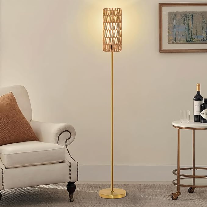 Floor Lamp for Living Room,Farmhouse Floor lamp,Modern Standing lamp with Hand-Worked Rattan Shade (Round Rattan Shade Gold Color-3 Color Bulb)