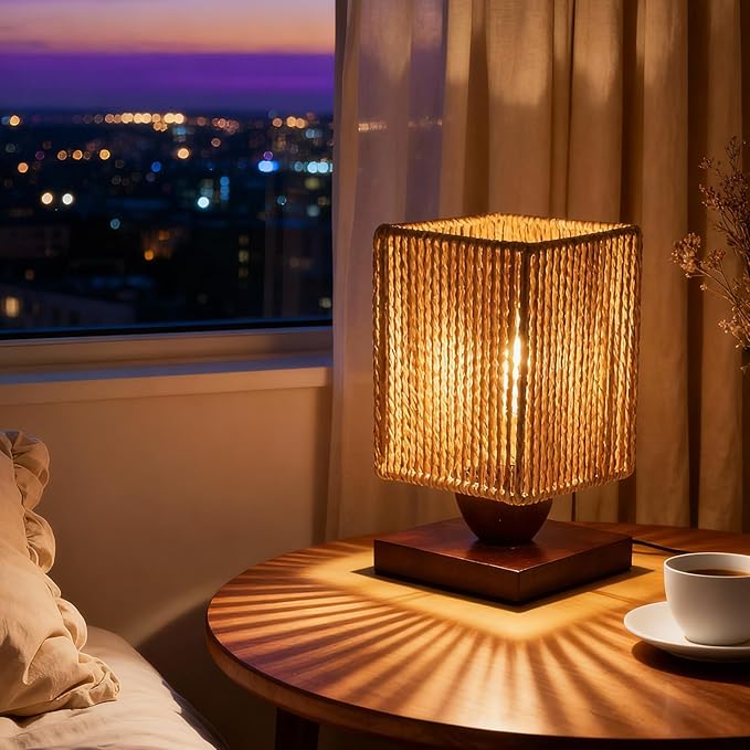 Boho Small Table Lamp,Vintage Wicker Wooden Nightstand Bamboo Woven End Table Lamps,Farmhouse Rattan Beside Lamp for Room Decor, for Bedroom Living Room Desk Kids Room(LED Bulb Included) (A)
