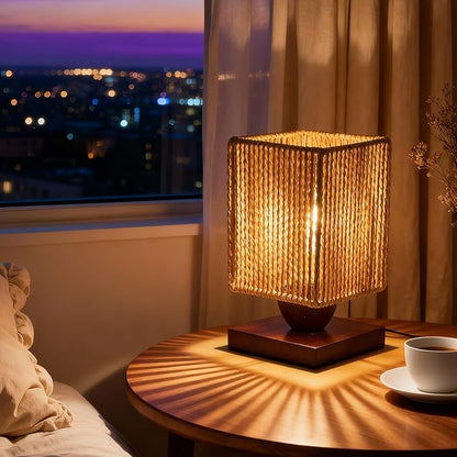Boho Small Table Lamp,Vintage Wicker Wooden Nightstand Bamboo Woven End Table Lamps,Farmhouse Rattan Beside Lamp for Room Decor, for Bedroom Living Room Desk Kids Room(LED Bulb Included) (A)