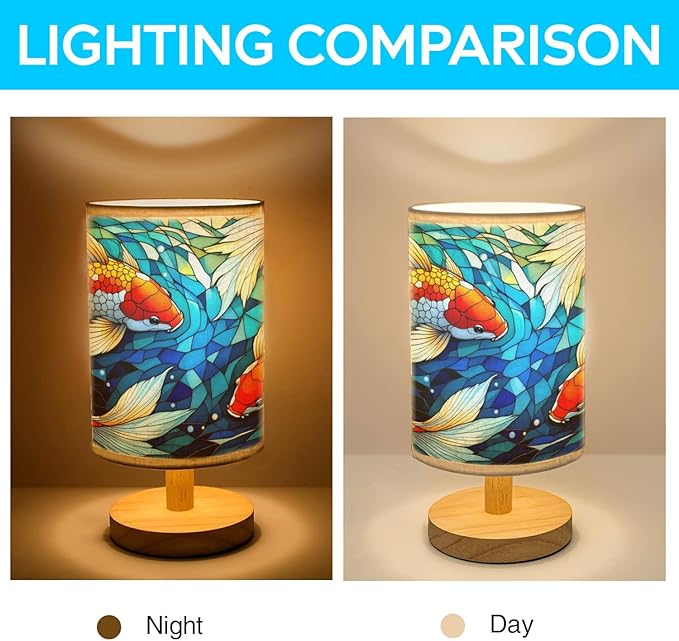 Koi Fish Table Lamp LED 3-Color Pressed Bedside, Koi Fish Shade Lamp with Wood Base for Bedroom Living Room Desk Office TL01
