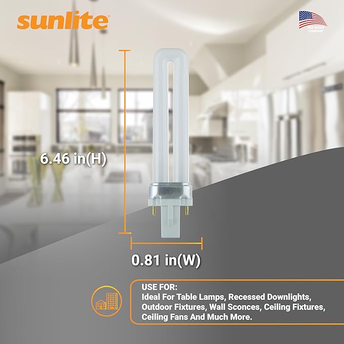 Sunlite Compact Fluorescent PL 2-Pin Single U-Shaped Twin Tube, 9 Watts, 120 Volts, 530 Lumens, 3500K Neutral White, 2-Pin G23 Base, 10 Pack