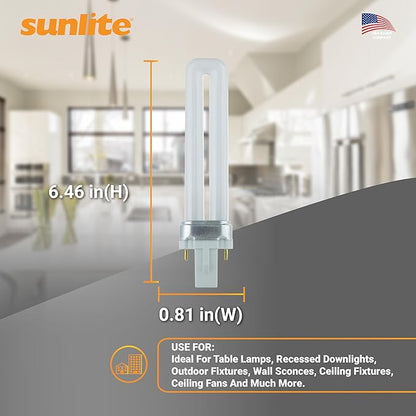 Sunlite Compact Fluorescent PL 2-Pin Single U-Shaped Twin Tube, 9 Watts, 120 Volts, 530 Lumens, 3500K Neutral White, 2-Pin G23 Base, 10 Pack