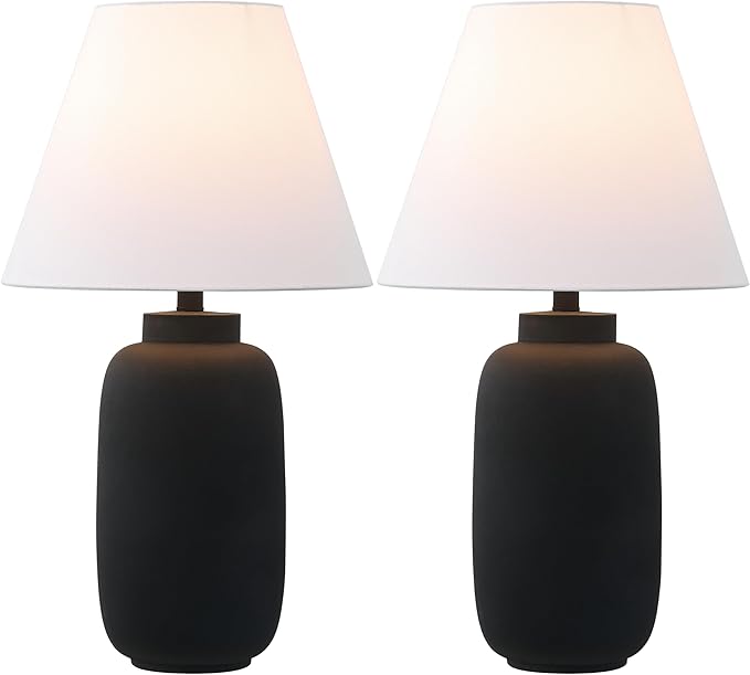 JONATHAN Y JYL5603A-SET2 24.5" Modern Minimalist Table Lamp Set of 2, Matte Black Ginger Jar Farmhouse Bedside Lamps for Bedroom, Living Room, Office with White Linen Shade, LED Bulbs Included