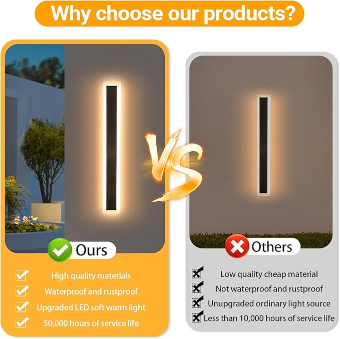 Modern Outdoor Wall Lights, 2 Pack 31.5 inch Exterior Sconces Wall Lighting 3000K LED Modern Outdoor Lights IP65 Waterproof Linear Exterior Wall Light for Garage Porch Patio