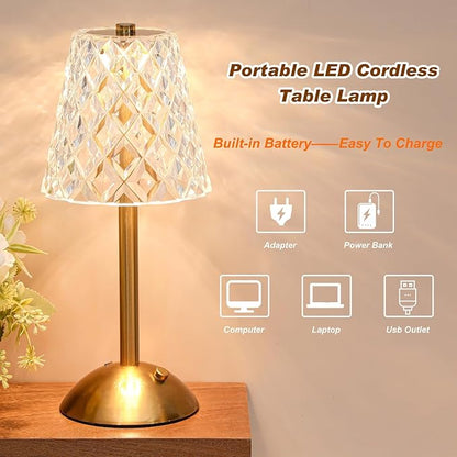 Liliful 2 Pcs Cordless Table Lamp Rechargeable Touch LED Small Gold Portable Battery Operated USB-c Desk Lamp 3 Color Dimmable for Bedroom Living Room Dining (Gold,Diamond Style)