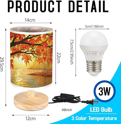 Sugar Maple Trees Table Lamp LED 3-Color Pressed Bedside, Sugar Maple Trees Shade Lamp with Wood Base for Bedroom Living Room Desk Office