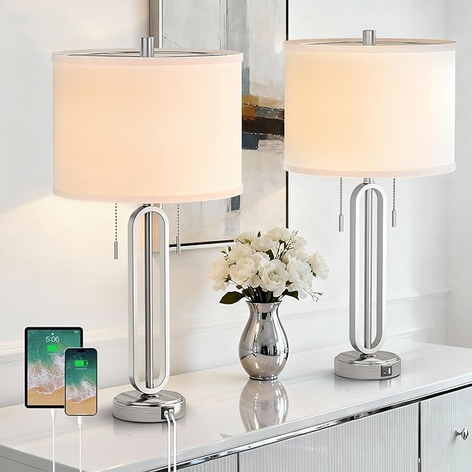 26.5’‘ Industrial Table Lamp Set of 2, Nickel Metal Bedside Lamp with USB C+ A Ports & Pull Chain, Modern Farmhouse Nightstand Lamp for Bedroom, Living Room, Home Office with White Shade