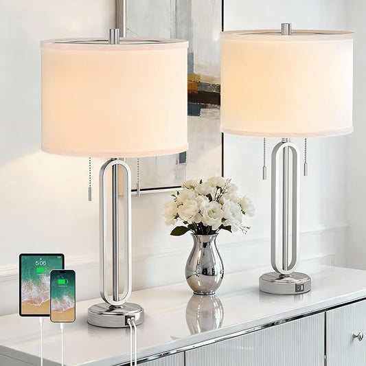 26.5’‘ Industrial Table Lamp Set of 2, Nickel Metal Bedside Lamp with USB C+ A Ports & Pull Chain, Modern Farmhouse Nightstand Lamp for Bedroom, Living Room, Home Office with White Shade