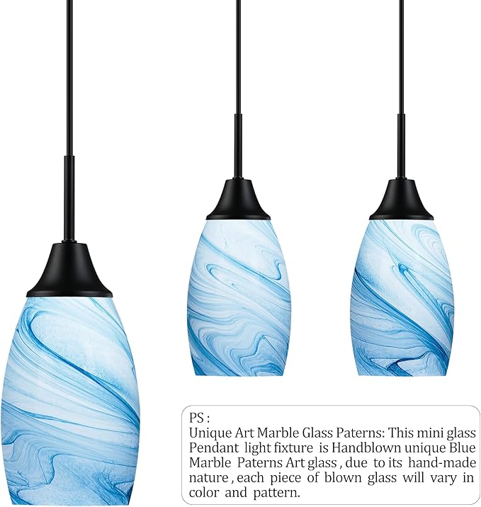 Mini Glass Pendant Light 4.72" with Handblown Blue Marble Art Glass Hanging Light 1-Pack Oval Ceiling Hanging Light Fixture for Dining Room Kitchen Island Cafe Foyer Hallway