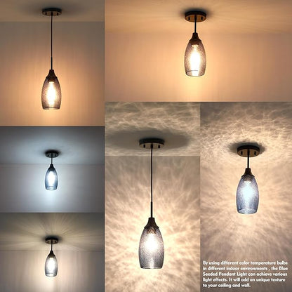Mini Glass Pendant Light 1-Pack Handblown Clear Dark Blue Seeded Glass Shade Adjustable Cord Ceiling Light Fixture for Kitchen Island Sink 4.72"