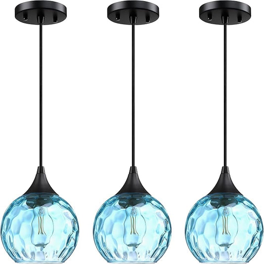 6.3" Blue Texture Glass Pendant Light 3 Pack Pendant Ceiling Light Fixture Black Finish Modern Farmhouse Dinning Over Sink Adjustable Height Cord