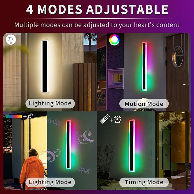 Mikeru Modern Outdoor Light Fixture, 23.6inch Modern RGB Outdoor Wall Light 10%-100% Dimmable with Memory Function Long Outdoor Porch Lights Featuring Multiple Modes and 12 Colors for Patio Entryway