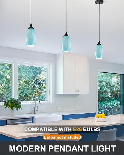 ANYLOVE Vintage Art Blue-Gold Pendant Lighting,1-Pack Hand Glass Hanging Light Fixture,Adjustable Cord for Kitchen,Hallway,Dining Room