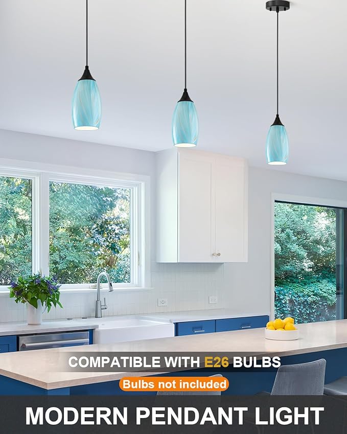 ANYLOVE Vintage Art Blue-Gold Pendant Lighting,3-Pack Hand Glass Hanging Light Fixture,Adjustable Cord for Kitchen,Hallway,Dining Room