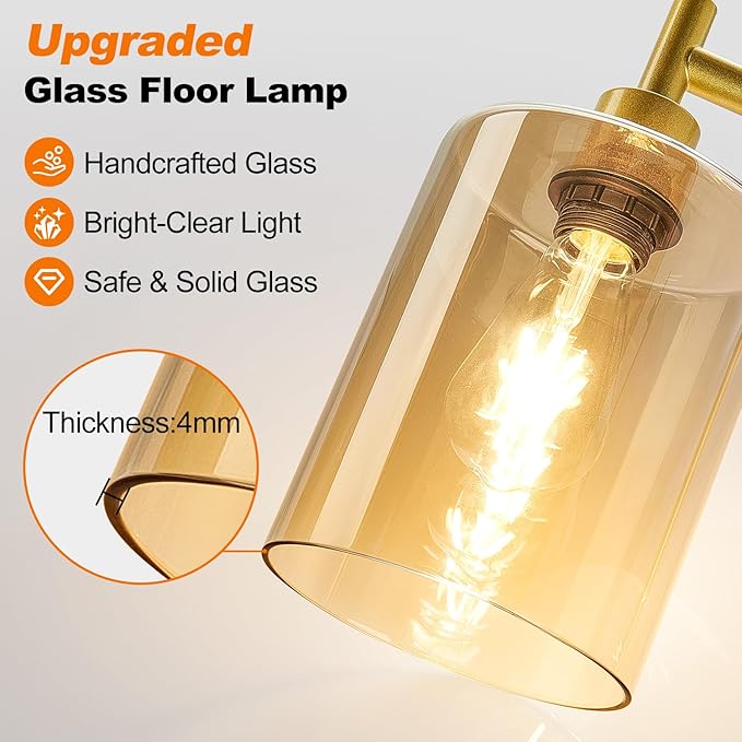 【Upgraded】Gold Dimmable Floor Lamp for Living Room with Amber Glass Lampshade, Glass Modern Floor Lamp with 900LM Bulb Included, Bright Standing Tall Lamp for Bedroom, Office, Reading Room, Corner