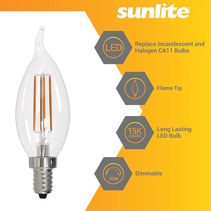 Sunlite LED Filament CA11 Flame Tip Chandelier Light Bulb, 5.5 Watts (60W=), 600 Lumens, Candelabra Base (E12), Edison Style, 90 CRI, Dimmable, UL Listed, 3000K Warm White, 12 Count