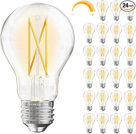 DAYBETTER 24 Pack A19 Vintage LED Edison Bulbs, 60W Equivalent Dimmable LED Bulbs, High Brightness 2700K Warm White, 800 Lumens, 8W E26 Standard Base, CRI80+, Clear Glass Filament Bulb for Living Room