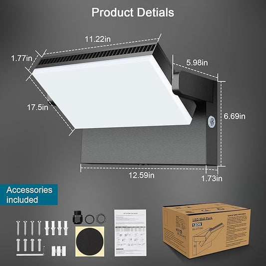 Modern Sleek LED Flood Light, 360° Rotatable 120W Commercial Wall Pack with Dusk to Dawn, 18000LM 5000K Waterproof Outdoor Lighting for Yard, Driveway, Car Lot, Building