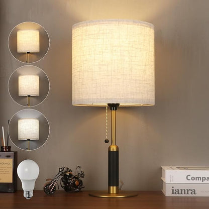 18.9" Bedside Table Lamp for Nightstand 3-Color Temperatures Living Room Lamp for Bedroom Wood Fabric Pull Chain Switch Small Desk Lamps Home Office End Table Room Decor (Light Brown+Brass)