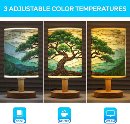 Cedar Tree Lamp LED 3-Color Pressed Bedside, Cedar Tree Shade Lamp with Wood Base for Bedroom Living Room Desk Office