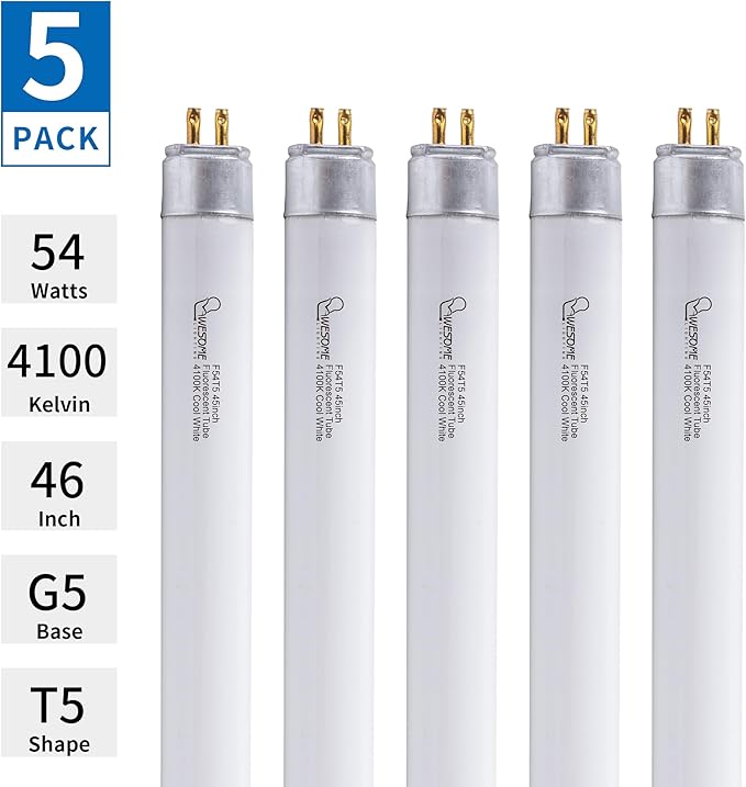 F54T5/841/HO Fluorescent Light Bulb, 46 Inch, T5 54 Watt Replacement Tube, 4100K Cool White, 4200 Lumens, High Output, G5 Bi-Pin Base, 4FT T5 Grow Light Bulbs - 5 Pack