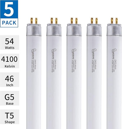 F54T5/841/HO Fluorescent Light Bulb, 46 Inch, T5 54 Watt Replacement Tube, 4100K Cool White, 4200 Lumens, High Output, G5 Bi-Pin Base, 4FT T5 Grow Light Bulbs - 5 Pack