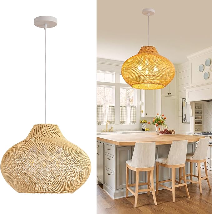 3-Light Rattan Pendant Light,18.9" Round Hanging Light,Wicker Pendant Light Hand-Woven Rattan Chandelier for Workplace Dining Living Bedroom Kitchen Farmhouse